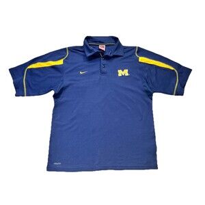 Nike Michigan Wolverines Mens Small Polo Shirt Blue Yellow Athletic Dri-FIT UofM